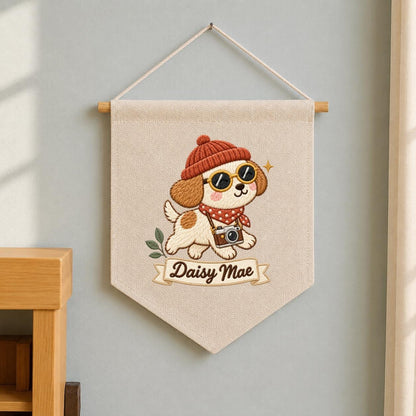 Personalized Dog Banner Daisy Mae Cute Puppy Photographer Wall Hanging Cozy Winter Nursery Decor Camera Lover Gift Handmade Keepsake Pennant
