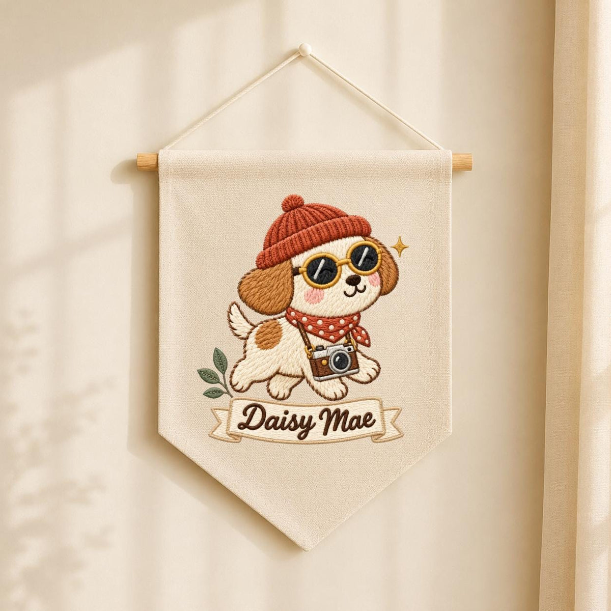 Personalized Dog Banner Daisy Mae Cute Puppy Photographer Wall Hanging Cozy Winter Nursery Decor Camera Lover Gift Handmade Keepsake Pennant