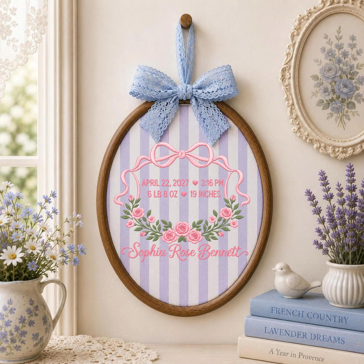 Personalized Baby Birth Stats Embroidered Ornament, Custom Baby Girl Name Keepsake, Floral Birth Announcement, Newborn Gift, Nursery Decor