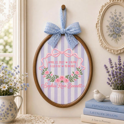 Personalized Baby Birth Stats Embroidered Ornament, Custom Baby Girl Name Keepsake, Floral Birth Announcement, Newborn Gift, Nursery Decor