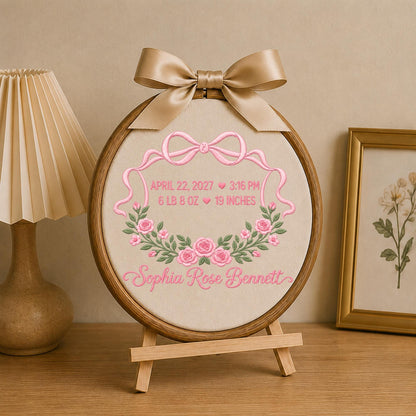 Personalized Baby Birth Stats Embroidered Ornament, Custom Baby Girl Name Keepsake, Floral Birth Announcement, Newborn Gift, Nursery Decor