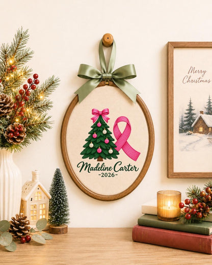 Personalized Breast Cancer Christmas Embroidered Ornament, Pink Ribbon Survivor Ornament, Custom Name Christmas Gift, Breast Cancer Support