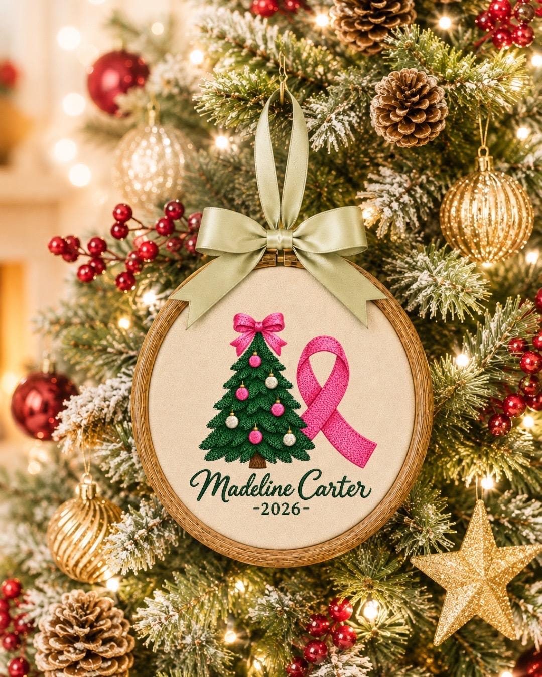 Personalized Breast Cancer Christmas Embroidered Ornament, Pink Ribbon Survivor Ornament, Custom Name Christmas Gift, Breast Cancer Support