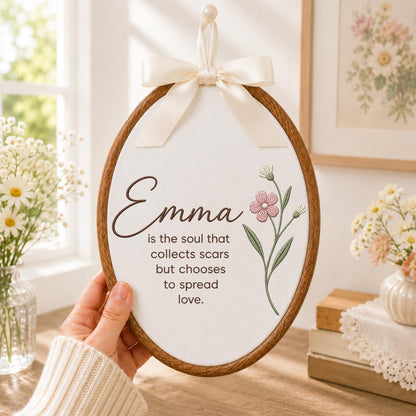 Personalized Name Quote Embroidered Ornament, Custom Floral Keepsake, Inspirational Gift for Her, Personalized Friendship Ornament