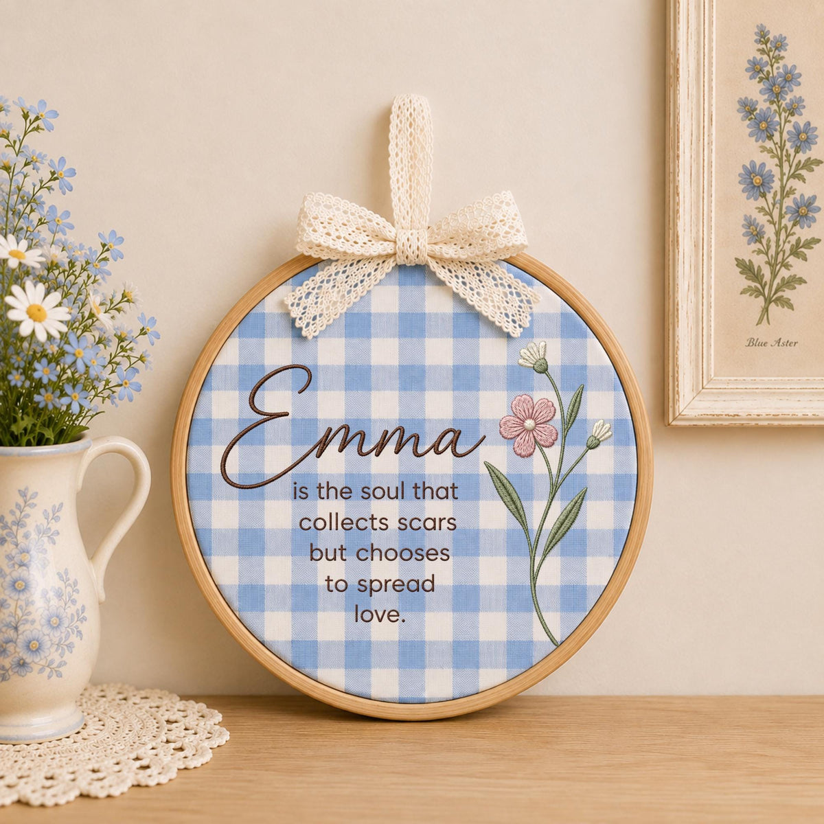 Personalized Name Quote Embroidered Ornament, Custom Floral Keepsake, Inspirational Gift for Her, Personalized Friendship Ornament