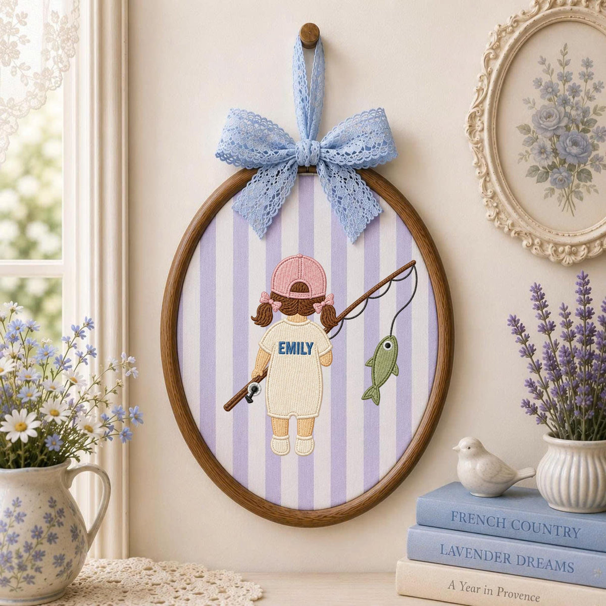 Personalized Fishing Girl Embroidered Ornament, Custom Girl Name Fishing Keepsake, Pink Fisherman Nursery Decor, Outdoor Girl Gift
