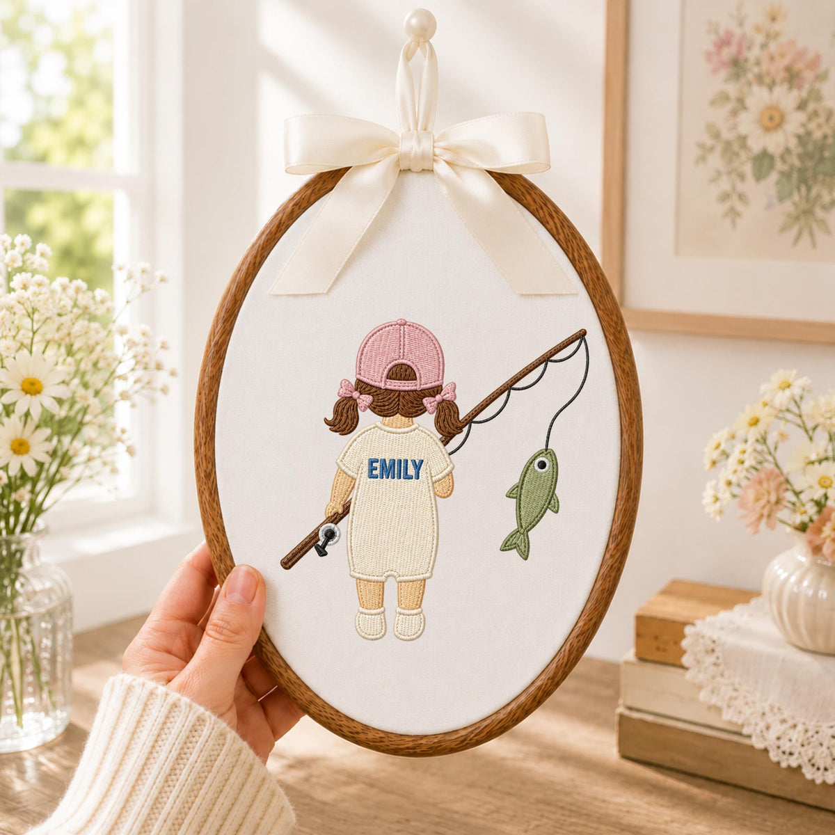 Personalized Fishing Girl Embroidered Ornament, Custom Girl Name Fishing Keepsake, Pink Fisherman Nursery Decor, Outdoor Girl Gift