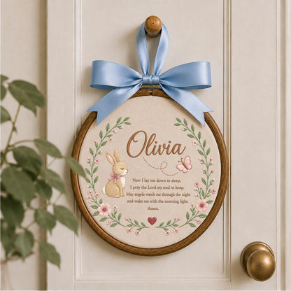 Personalized Bunny Prayer Embroidered Ornament, Custom Baby Name Christian Keepsake, Bedtime Prayer Nursery Decor, Baptism Gift for Girl
