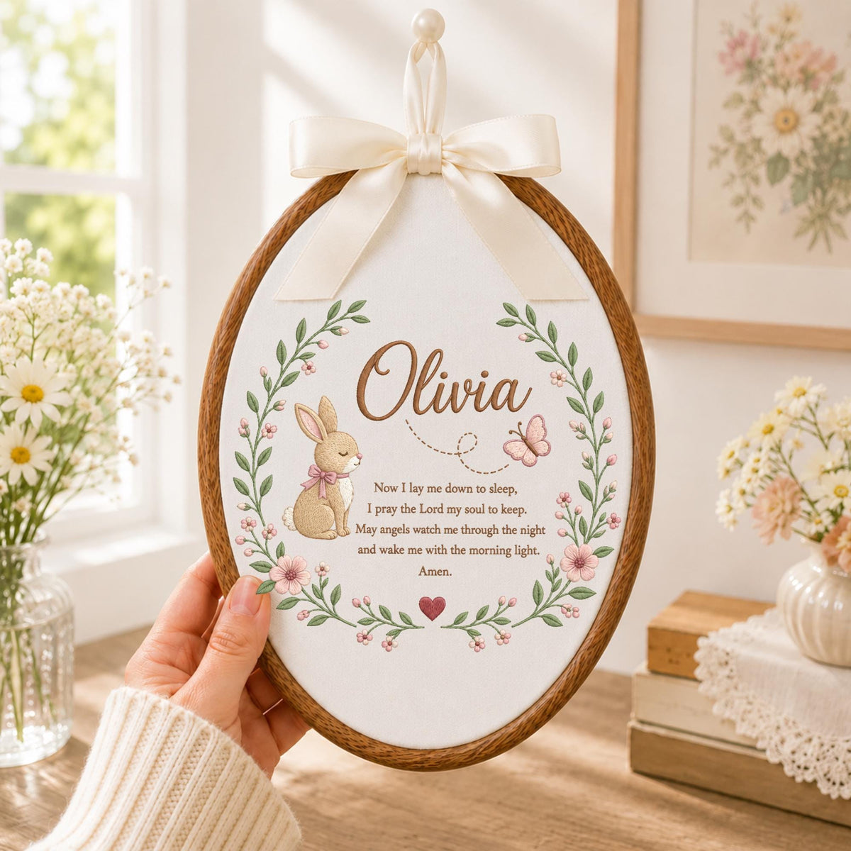 Personalized Bunny Prayer Embroidered Ornament, Custom Baby Name Christian Keepsake, Bedtime Prayer Nursery Decor, Baptism Gift for Girl