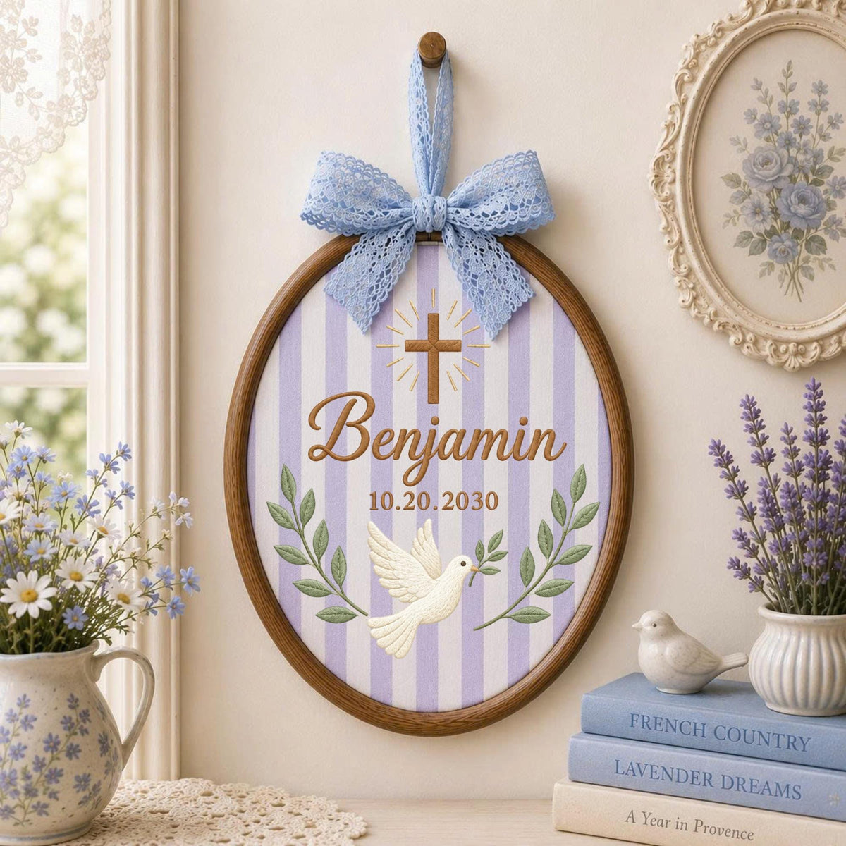 Personalized Baptism Embroidered Ornament, Custom Name Christening Keepsake, Christian Baby Gift, Dove Cross Nursery Decor
