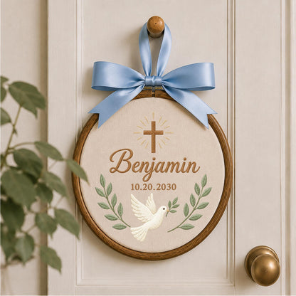 Personalized Baptism Embroidered Ornament, Custom Name Christening Keepsake, Christian Baby Gift, Dove Cross Nursery Decor