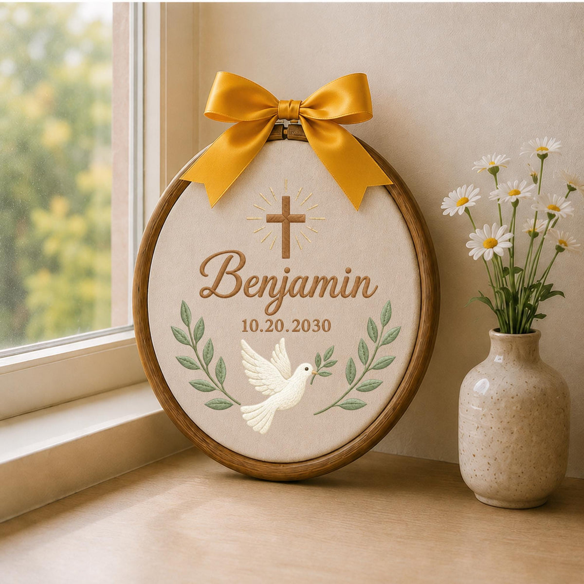 Personalized Baptism Embroidered Ornament, Custom Name Christening Keepsake, Christian Baby Gift, Dove Cross Nursery Decor