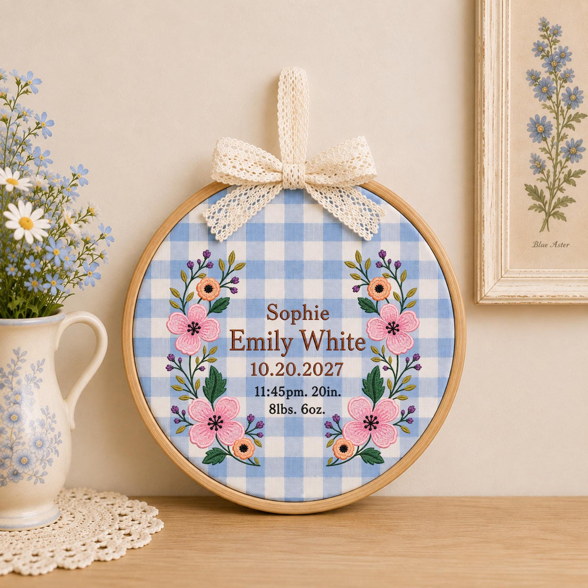 Personalized Baby Birth Stats Embroidered Ornament, Custom Newborn Name Keepsake, Floral Baby Girl Nursery Decor, Birth Announcement Gift