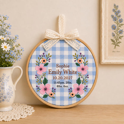 Personalized Baby Birth Stats Embroidered Ornament, Custom Newborn Name Keepsake, Floral Baby Girl Nursery Decor, Birth Announcement Gift