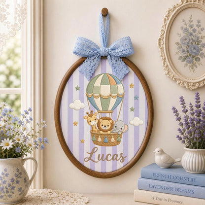 Personalized Safari Hot Air Balloon Embroidered Ornament, Custom Baby Name Jungle Animal Keepsake, Lion Giraffe Elephant Nursery Decor