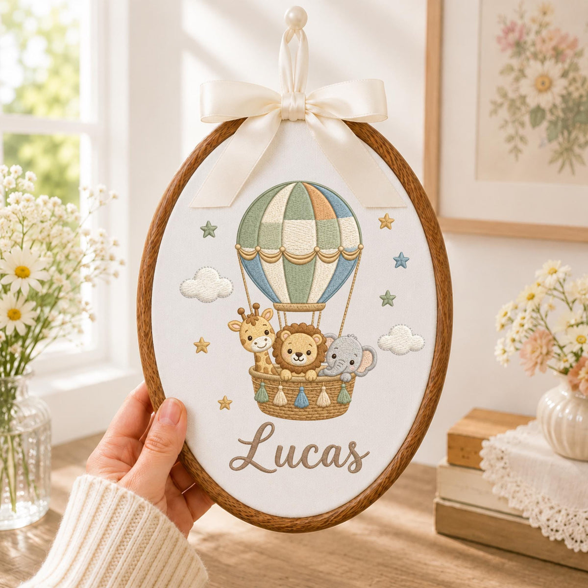 Personalized Safari Hot Air Balloon Embroidered Ornament, Custom Baby Name Jungle Animal Keepsake, Lion Giraffe Elephant Nursery Decor