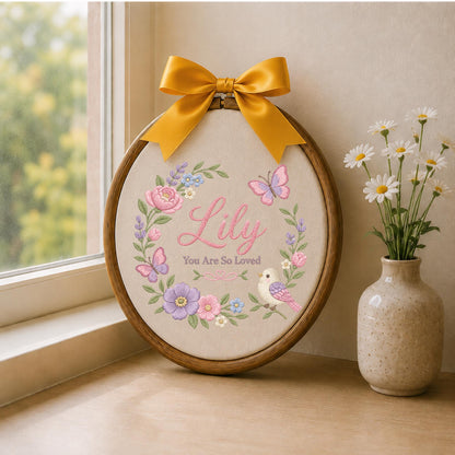 Personalized Butterfly Floral Embroidered Ornament, Custom Baby Girl Name Keepsake, Flower Nursery Decor, Newborn Gift, Baby Shower Gift