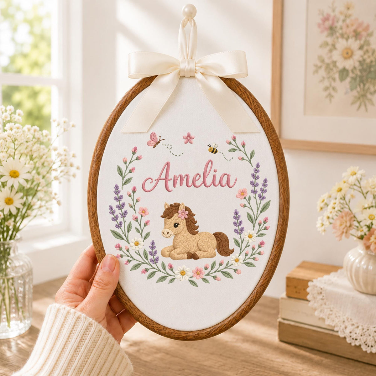 Personalized Horse Embroidered Ornament, Custom Baby Girl Name Keepsake, Floral Pony Nursery Decor, Equestrian Baby Gift, Horse Lover Gift
