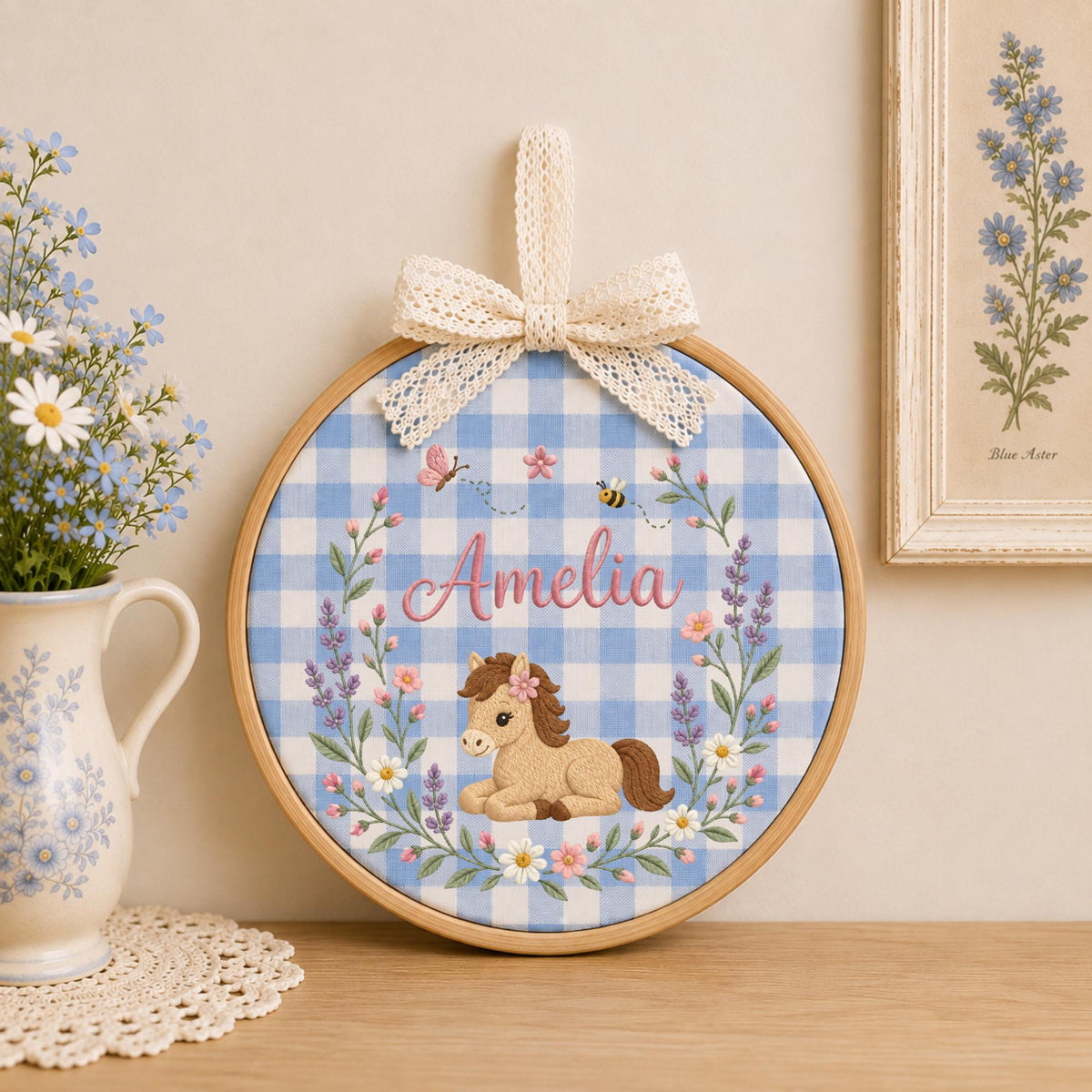 Personalized Horse Embroidered Ornament, Custom Baby Girl Name Keepsake, Floral Pony Nursery Decor, Equestrian Baby Gift, Horse Lover Gift