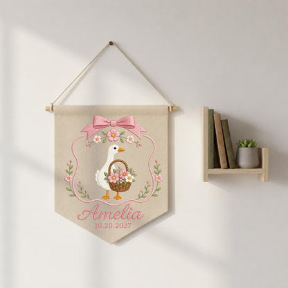 Personalized Goose Baby Name Banner, Embroidered Floral Nursery Wall Hanging, Custom Baby Girl Name Sign, Birth Announcement Gift