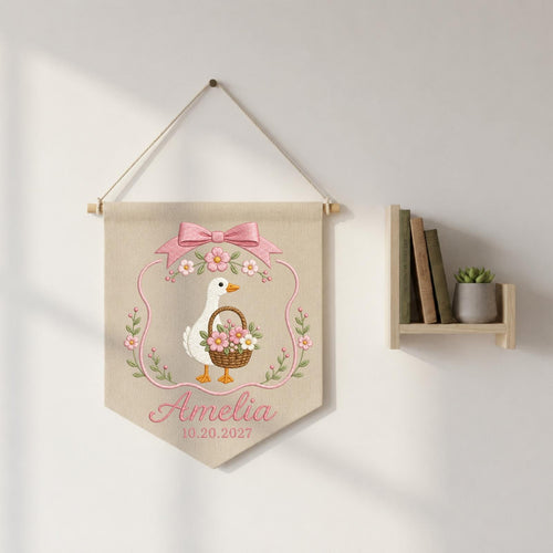 Personalized Goose Baby Name Banner, Embroidered Floral Nursery Wall Hanging, Custom Baby Girl Name Sign, Birth Announcement Gift