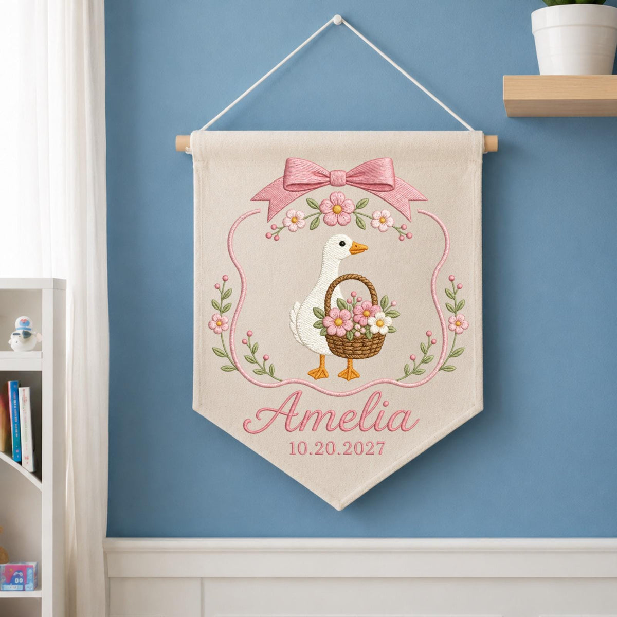 Personalized Goose Baby Name Banner, Embroidered Floral Nursery Wall Hanging, Custom Baby Girl Name Sign, Birth Announcement Gift