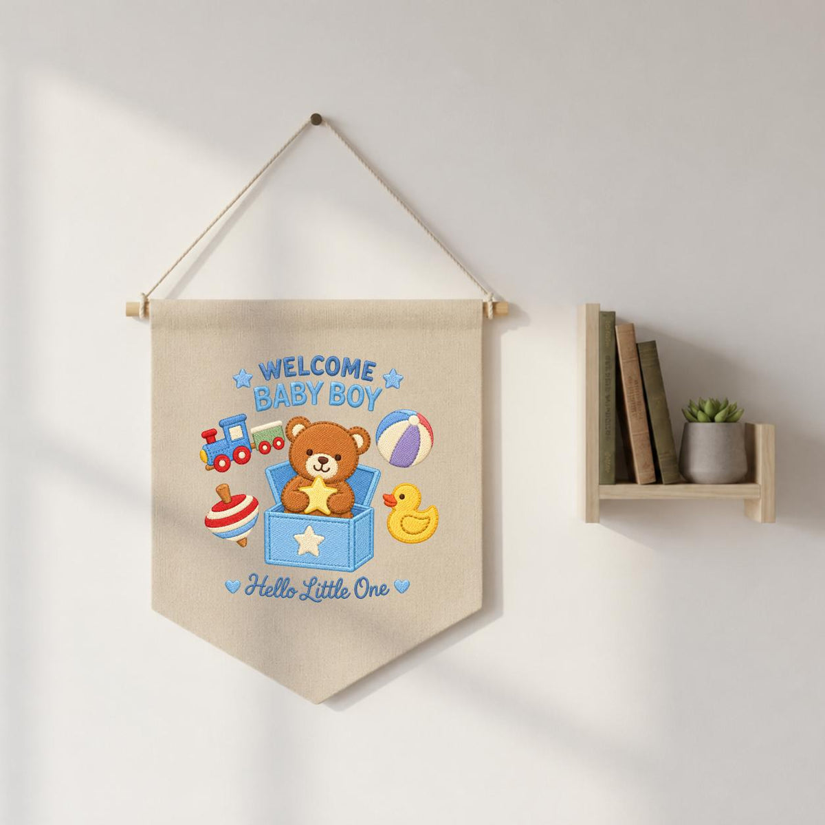 Baby Boy Pennant Banner Teddy Bear Toy Train Duck Nursery Decor Welcome Baby Shower Gift Embroidered Wall Hanging Newborn Room Decoration