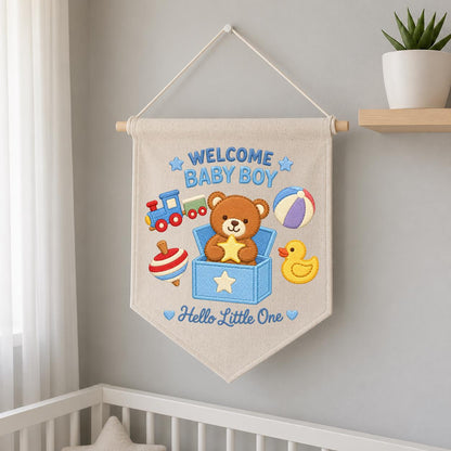 Baby Boy Pennant Banner Teddy Bear Toy Train Duck Nursery Decor Welcome Baby Shower Gift Embroidered Wall Hanging Newborn Room Decoration