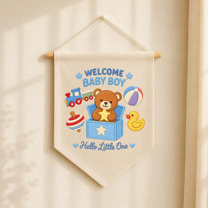 Baby Boy Pennant Banner Teddy Bear Toy Train Duck Nursery Decor Welcome Baby Shower Gift Embroidered Wall Hanging Newborn Room Decoration