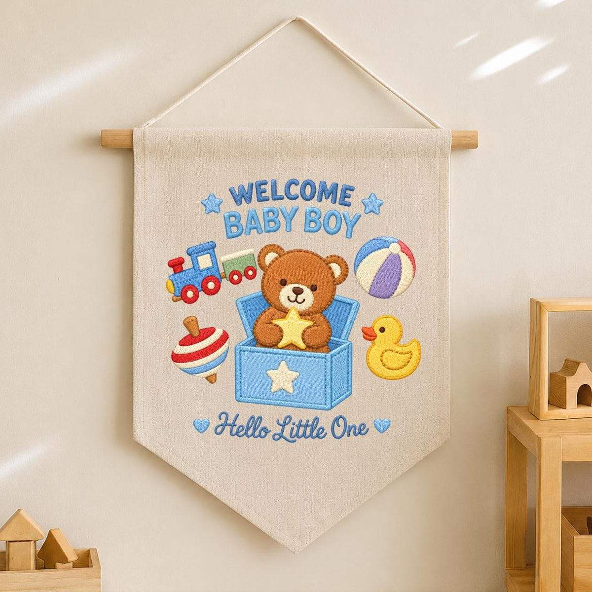 Baby Boy Pennant Banner Teddy Bear Toy Train Duck Nursery Decor Welcome Baby Shower Gift Embroidered Wall Hanging Newborn Room Decoration