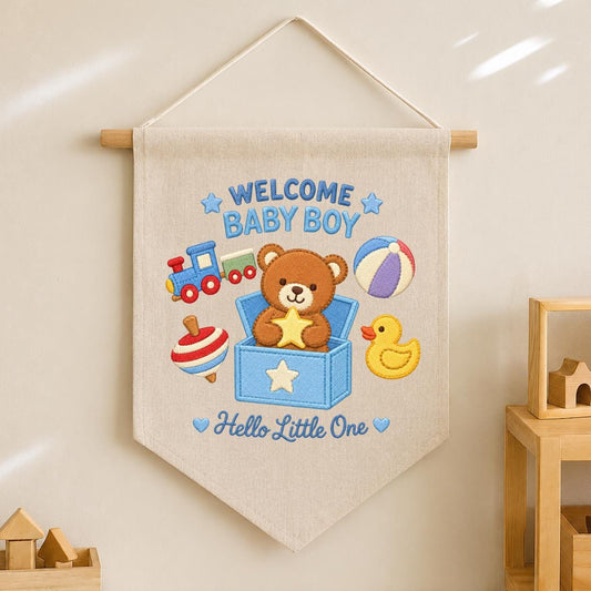 Baby Boy Pennant Banner Teddy Bear Toy Train Duck Nursery Decor Welcome Baby Shower Gift Embroidered Wall Hanging Newborn Room Decoration