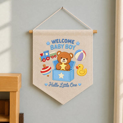 Baby Boy Pennant Banner Teddy Bear Toy Train Duck Nursery Decor Welcome Baby Shower Gift Embroidered Wall Hanging Newborn Room Decoration