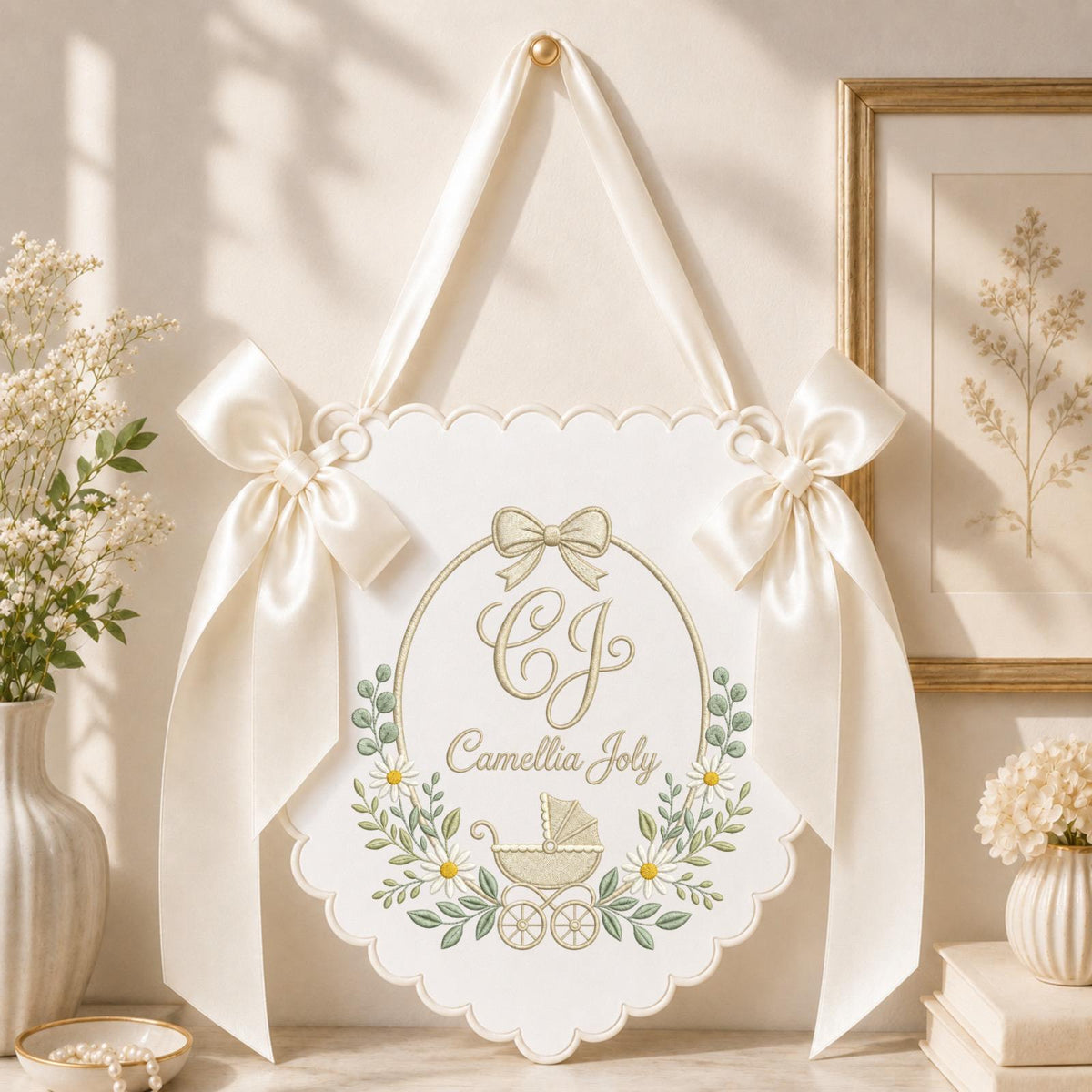 Personalized Baby Monogram Banner, Embroidered Baby Carriage Name Sign, Custom Baby Girl Nursery Decor, Birth Announcement Keepsake Gift