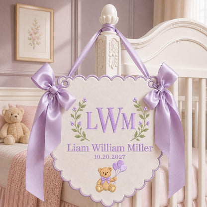 Personalized Teddy Bear Baby Monogram Banner, Embroidered Baby Name Sign, Custom Birth Announcement, Nursery Wall Decor, Baby Shower Gift
