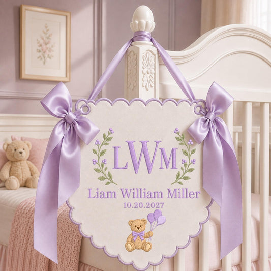 Personalized Teddy Bear Baby Monogram Banner, Embroidered Baby Name Sign, Custom Birth Announcement, Nursery Wall Decor, Baby Shower Gift