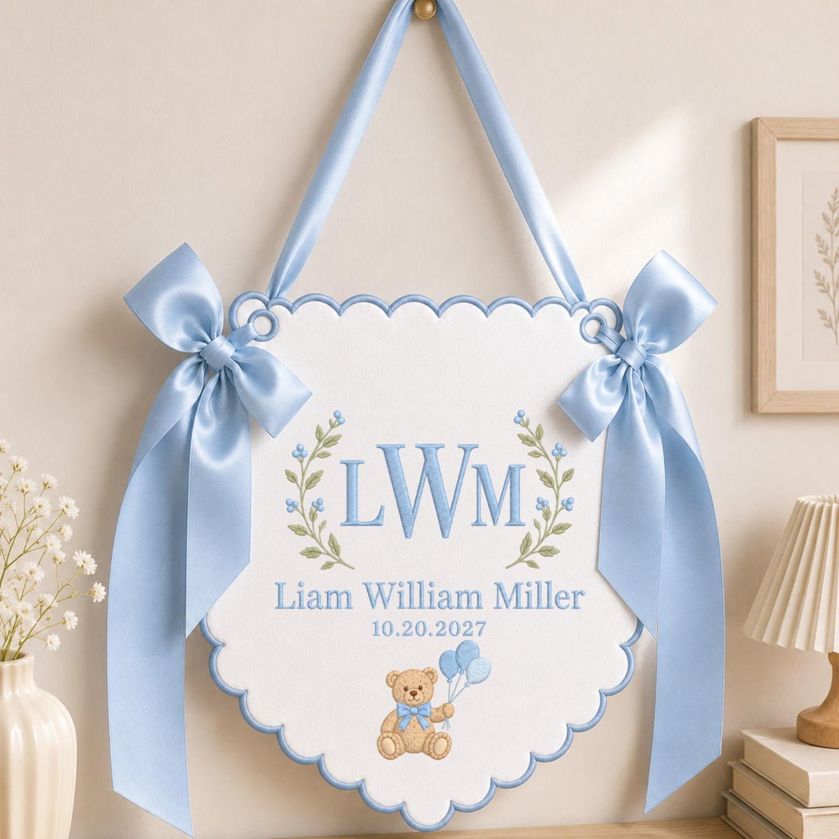 Personalized Teddy Bear Baby Monogram Banner, Embroidered Baby Name Sign, Custom Birth Announcement, Nursery Wall Decor, Baby Shower Gift