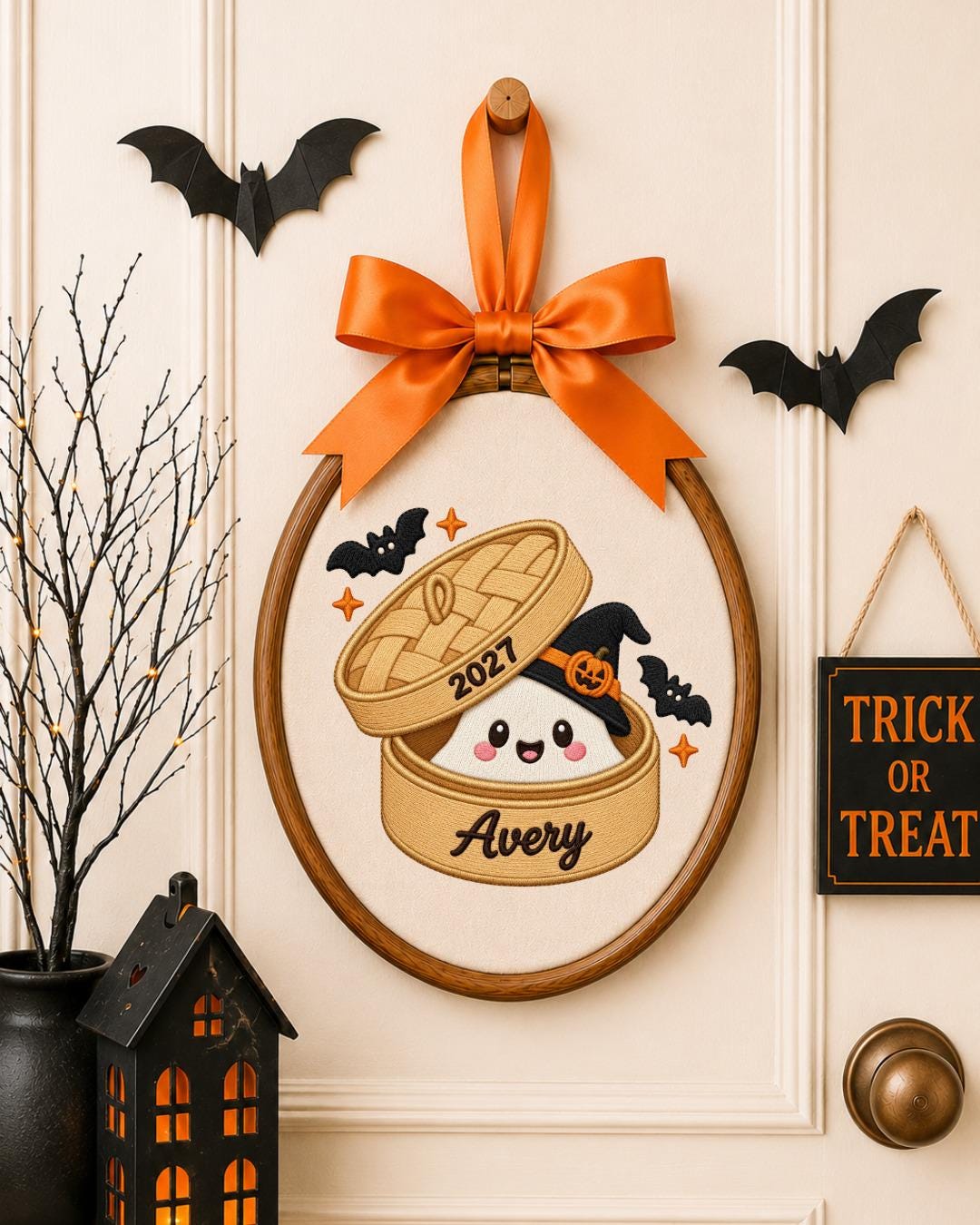 Personalized Halloween Ghost Embroidered Ornament, Custom Name Spooky Hoop, Cute Witch Ghost Decor, First Halloween Gift, Halloween Keepsake