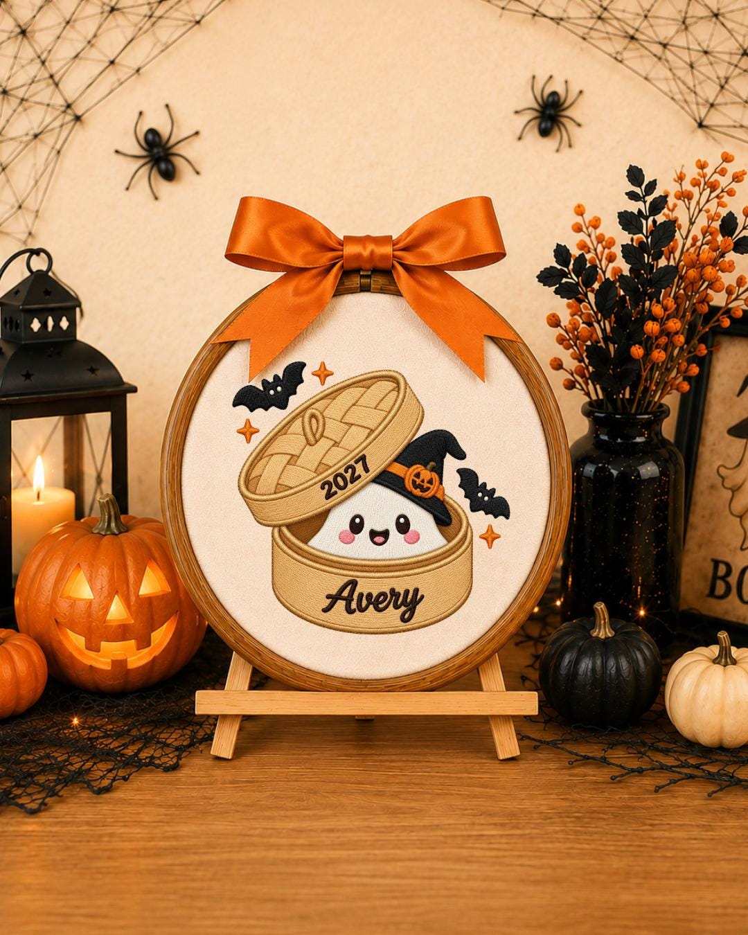 Personalized Halloween Ghost Embroidered Ornament, Custom Name Spooky Hoop, Cute Witch Ghost Decor, First Halloween Gift, Halloween Keepsake