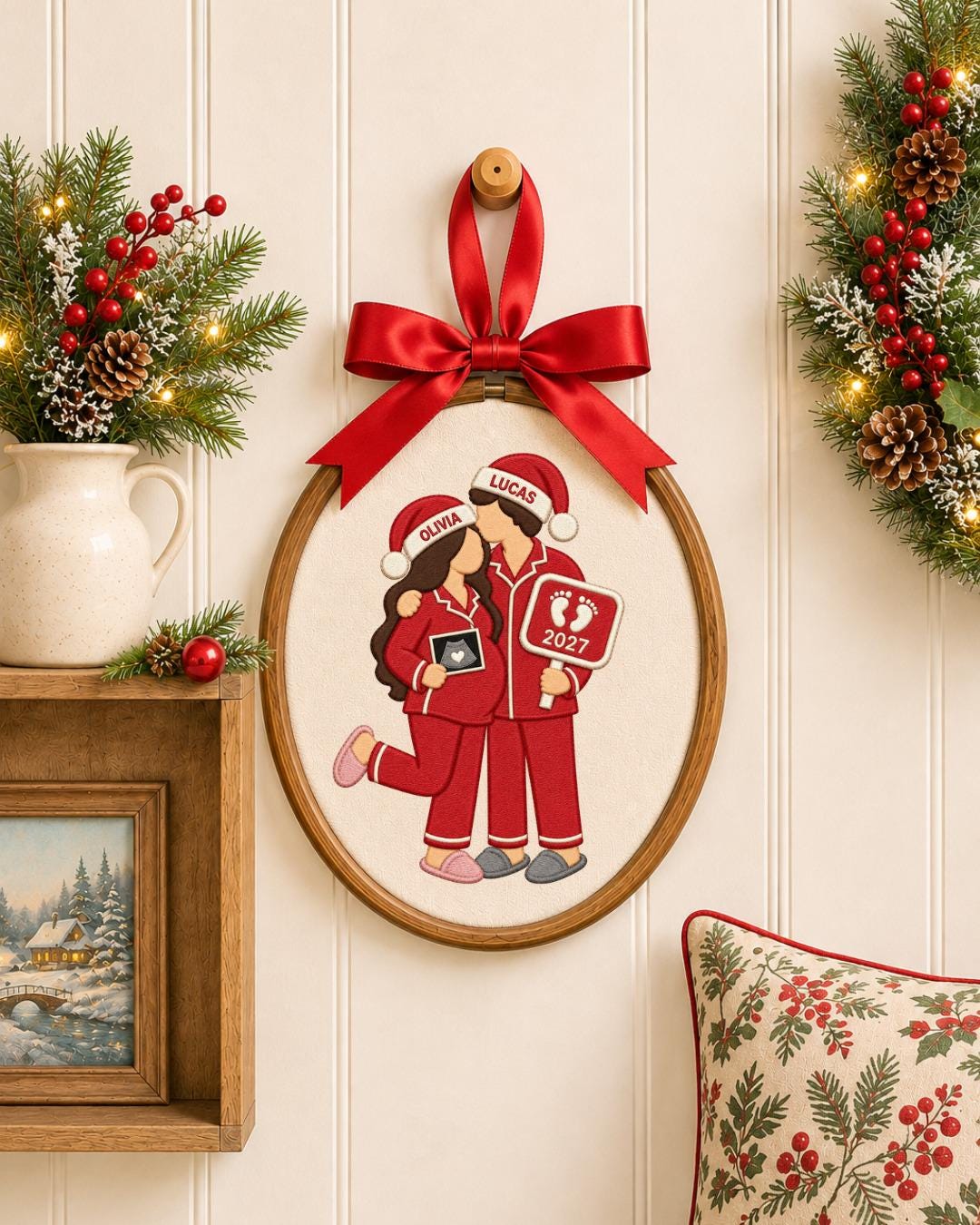 Personalized Pregnancy Announcement Embroidered Ornament, Custom Couple Christmas Hoop, Expecting Baby 2027 Gift, New Parents Keepsake