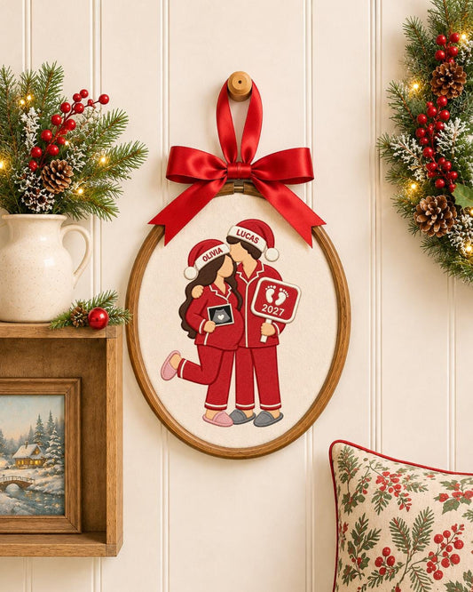 Personalized Pregnancy Announcement Embroidered Ornament, Custom Couple Christmas Hoop, Expecting Baby 2027 Gift, New Parents Keepsake