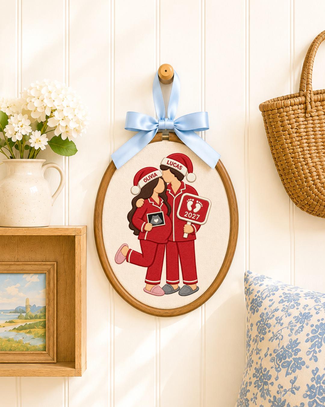 Personalized Pregnancy Announcement Embroidered Ornament, Custom Couple Christmas Hoop, Expecting Baby 2027 Gift, New Parents Keepsake