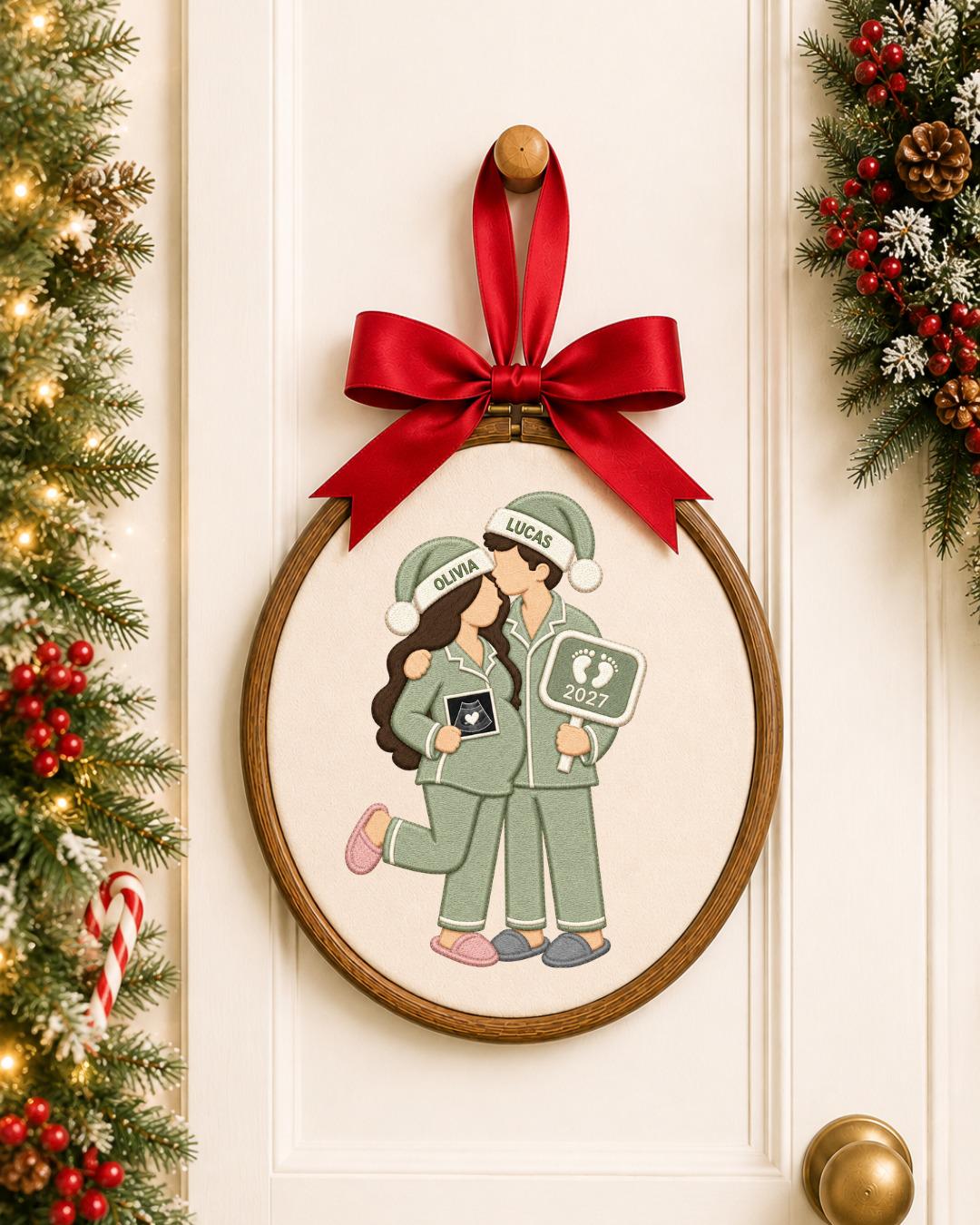 Personalized Pregnancy Announcement Embroidered Ornament, Custom Couple Christmas Hoop, Expecting Baby 2027 Gift, New Parents Keepsake