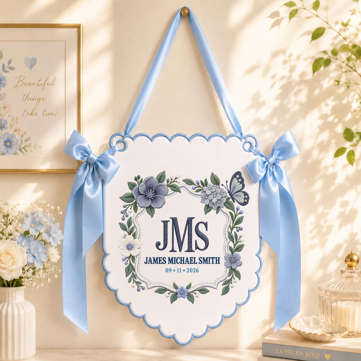 Personalized Monogram Scalloped Banner, Custom Name James Michael Embroidered Sage Green Bows Butterfly Nursery Sign Decor
