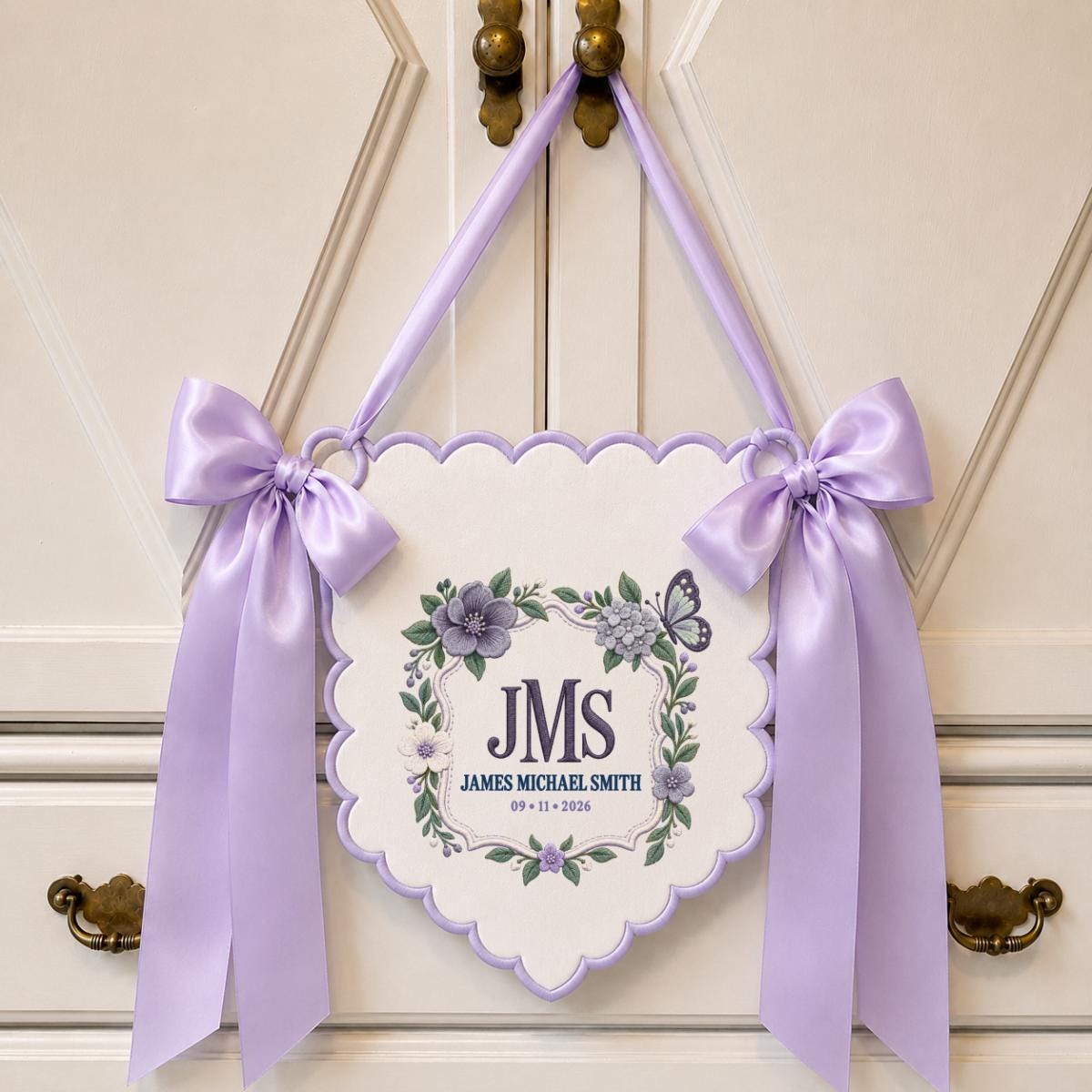 Personalized Monogram Scalloped Banner, Custom Name James Michael Embroidered Sage Green Bows Butterfly Nursery Sign Decor