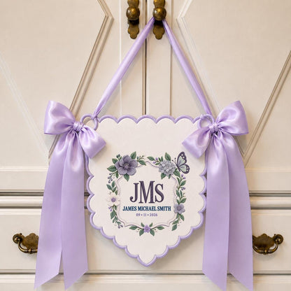 Personalized Monogram Scalloped Banner, Custom Name James Michael Embroidered Sage Green Bows Butterfly Nursery Sign Decor