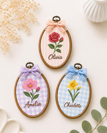 Personalized Birth Flower Embroidered Ornament, Custom Name Floral Hoop, Personalized Flower Keepsake, Birthday Gift, Nursery Wall Decor