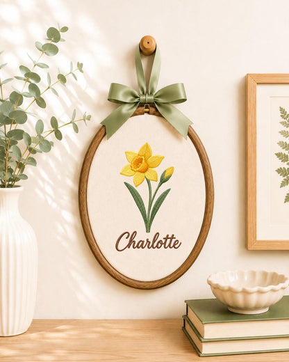 Personalized Birth Flower Embroidered Ornament, Custom Name Floral Hoop, Personalized Flower Keepsake, Birthday Gift, Nursery Wall Decor