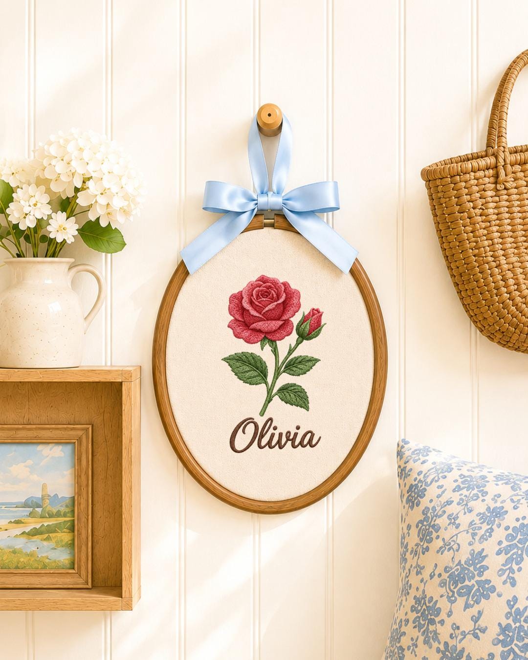 Personalized Birth Flower Embroidered Ornament, Custom Name Floral Hoop, Personalized Flower Keepsake, Birthday Gift, Nursery Wall Decor