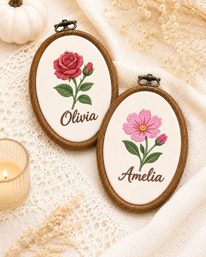 Personalized Birth Flower Embroidered Ornament, Custom Name Floral Hoop, Personalized Flower Keepsake, Birthday Gift, Nursery Wall Decor