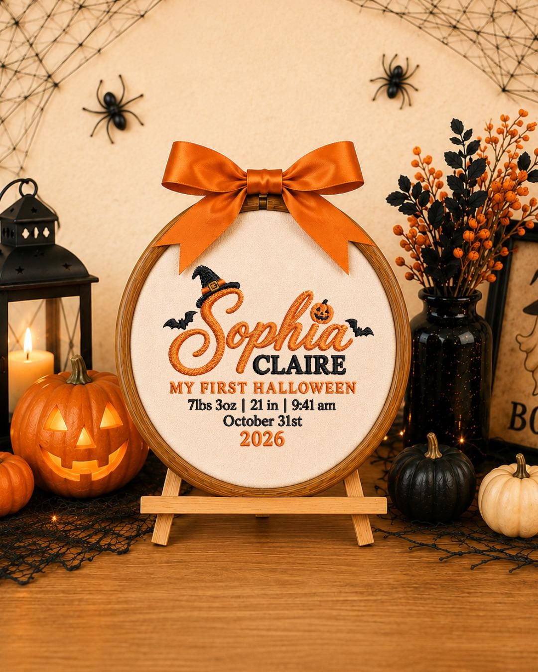Personalized First Halloween Embroidered Ornament, Custom Baby Birth Stats Hoop, Baby Girl Halloween Gift, Pumpkin Keepsake
